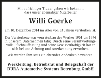 Traueranzeige von Willi Goerke von KRZ