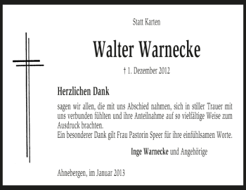 Traueranzeige von Walter Warnecke von Kreiszeitung