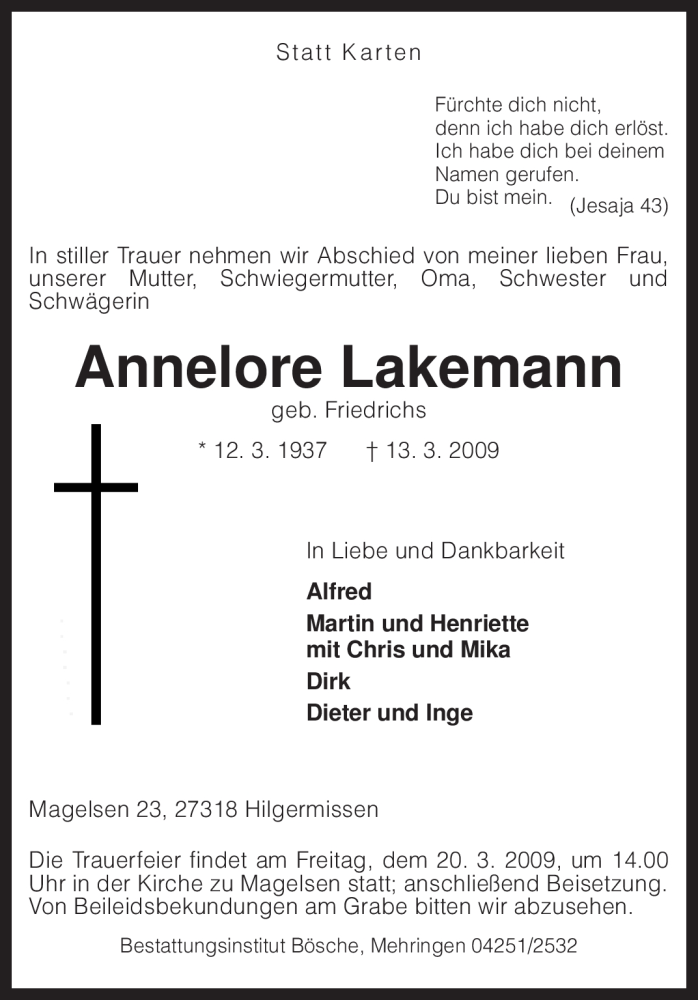  Traueranzeige für Annelore Lakemann vom 16.03.2009 aus KREISZEITUNG SYKE