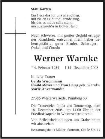 Traueranzeige von Werner Warne von KREISZEITUNG SYKE