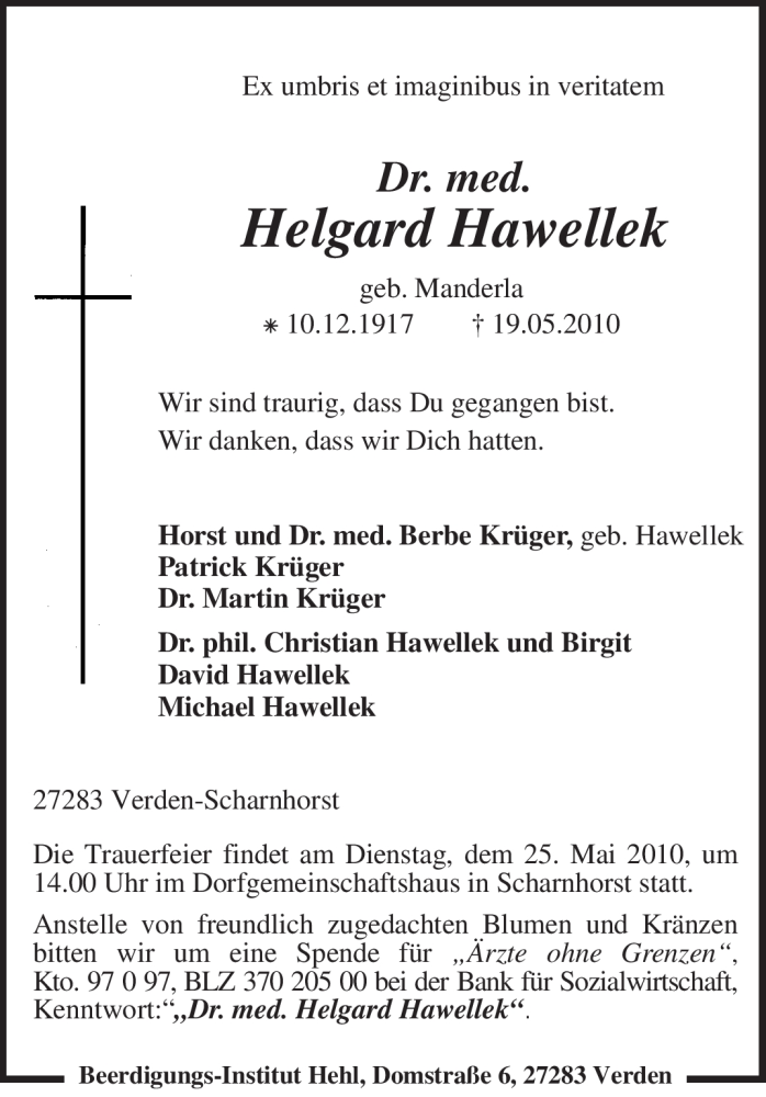  Traueranzeige für Helgard Hawellek vom 21.05.2010 aus KREISZEITUNG SYKE