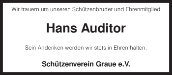 Traueranzeige von Hans Auditor von KREISZEITUNG SYKE