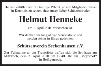 Traueranzeige von Helmut Henneke von KREISZEITUNG SYKE