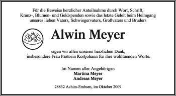 Traueranzeige von Alwin Meyer von KREISZEITUNG SYKE