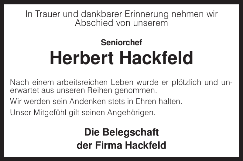  Traueranzeige für Herbert Hackfeld vom 23.10.2010 aus KREISZEITUNG SYKE