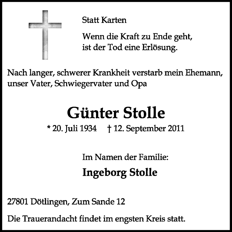  Traueranzeige für Günter Stolle vom 14.09.2011 aus KREISZEITUNG SYKE