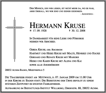Traueranzeige von Hermann Kruse von KREISZEITUNG SYKE