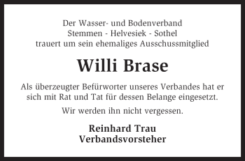 Traueranzeige von Willi Brase von KREISZEITUNG SYKE