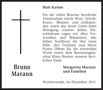 Traueranzeige von Bruno Maraun von KREISZEITUNG SYKE