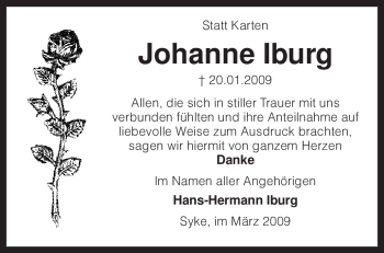 Traueranzeige von Johanne Iburg von KREISZEITUNG SYKE