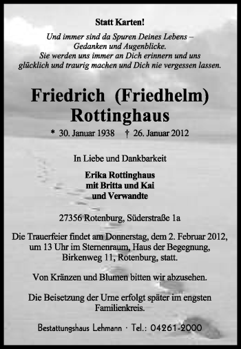 Traueranzeige von Friedrich (Friedhelm) Rottinghaus von KREISZEITUNG SYKE