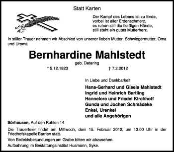 Traueranzeige von Bernhardine Mahlstedt von KREISZEITUNG SYKE