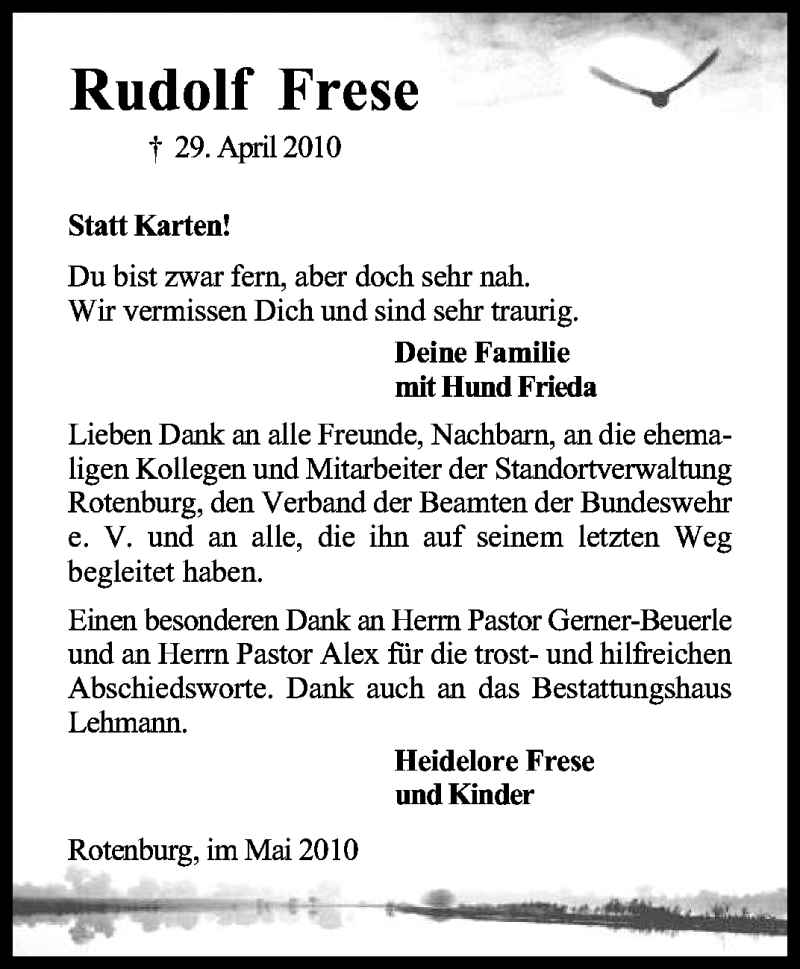 Traueranzeige für Rudolf Frese vom 20.05.2010 aus KREISZEITUNG SYKE