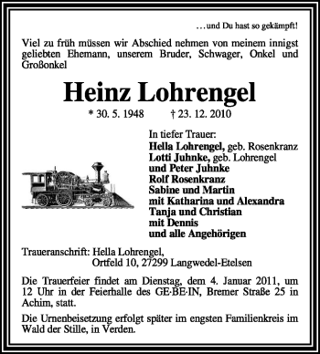 Traueranzeige von Heinz Lohrengel von KREISZEITUNG SYKE