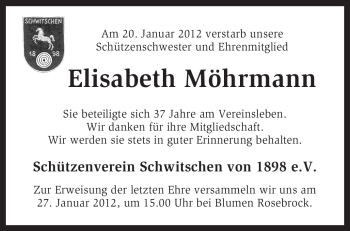 Traueranzeige von Elisabeth Möhrmann von KREISZEITUNG SYKE