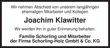 Traueranzeige von Joachim Klawitter von KREISZEITUNG SYKE