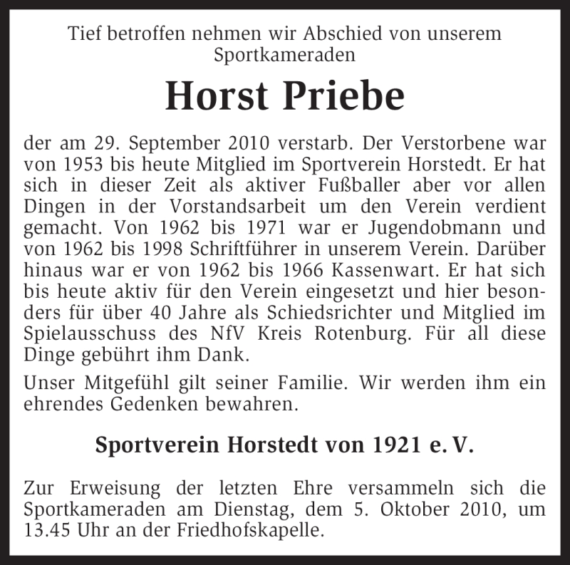  Traueranzeige für Horst Priebe vom 02.10.2010 aus KREISZEITUNG SYKE