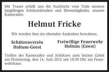 Traueranzeige von Helmut Fricke von KREISZEITUNG SYKE