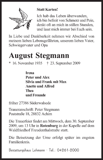 Traueranzeige von August Stegmann von KREISZEITUNG SYKE