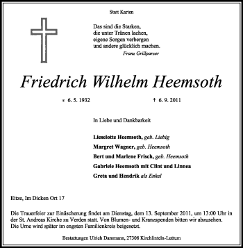 Traueranzeige von Friedrich Wilhelm Heemsoth von KREISZEITUNG SYKE