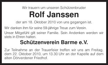 Traueranzeige von Rolf Janssen von KREISZEITUNG SYKE