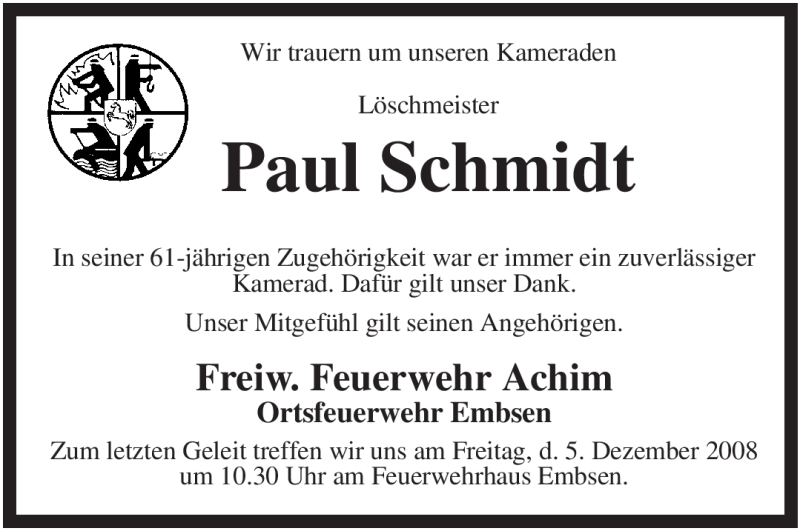  Traueranzeige für Paul Schmidt vom 04.12.2008 aus KREISZEITUNG SYKE
