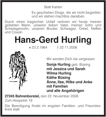 Traueranzeige von Hans-Gerd Hurling von KREISZEITUNG SYKE