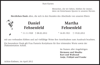 Traueranzeige von Daniel Fehsenfeld von KREISZEITUNG SYKE