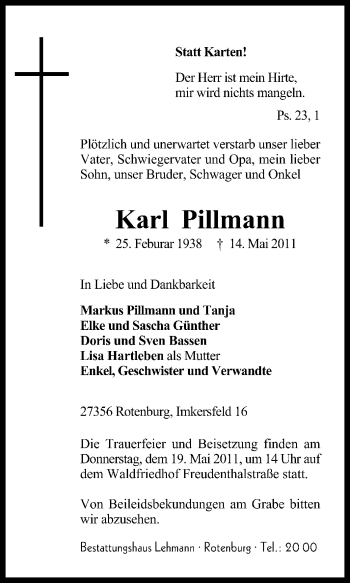 Traueranzeige von Karl Pillmann von KREISZEITUNG SYKE