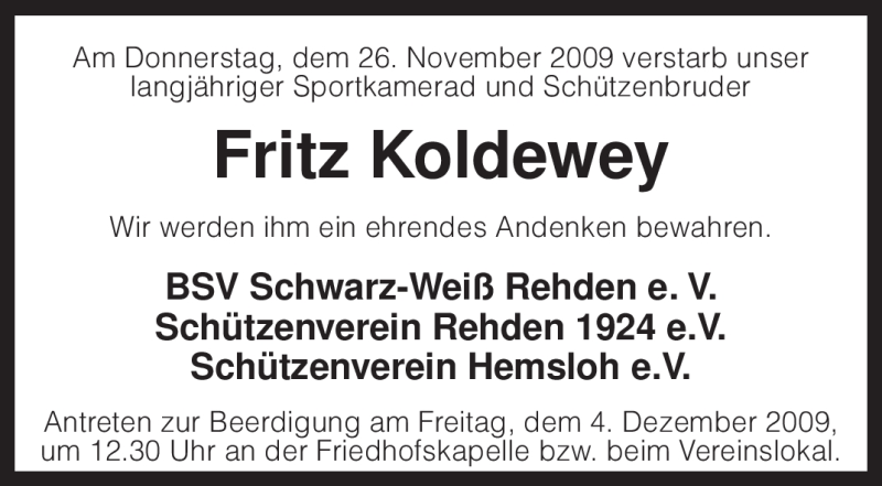  Traueranzeige für Fritz Koldewey vom 02.12.2009 aus KREISZEITUNG SYKE