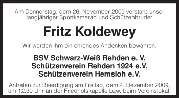 Traueranzeige von Fritz Koldewey von KREISZEITUNG SYKE