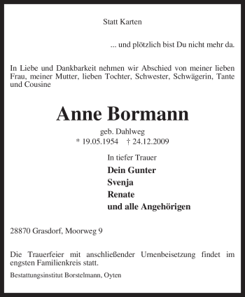 Traueranzeige von Anne Bormann von KREISZEITUNG SYKE