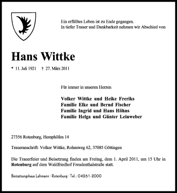 Traueranzeige von Hans Wittke von KREISZEITUNG SYKE