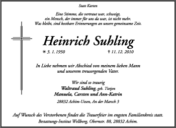 Traueranzeige von Heinrich Suhling von KREISZEITUNG SYKE