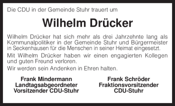 Traueranzeige von Wilhelm Drücker von KREISZEITUNG SYKE