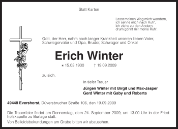 Traueranzeige von Erich Winter von KREISZEITUNG SYKE