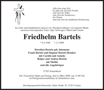 Traueranzeige von Friedhelm Bartels von KREISZEITUNG SYKE