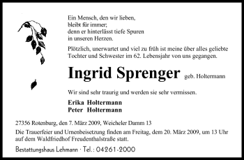 Traueranzeige von Ingrid Sprenger von KREISZEITUNG SYKE