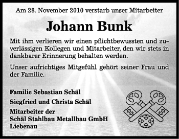 Traueranzeige von Johannn Bunk von KREISZEITUNG SYKE