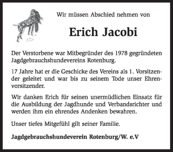 Traueranzeige von Erich Jacobi von KREISZEITUNG SYKE