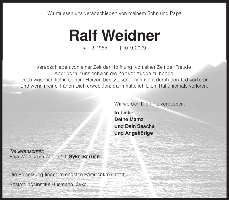  Traueranzeige für Ralf Weidner vom 12.09.2009 aus KREISZEITUNG SYKE