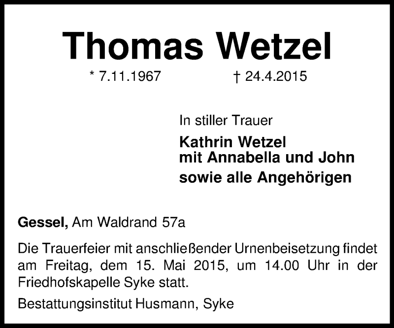  Traueranzeige für Thomas Wetzel vom 09.05.2015 aus KRZ