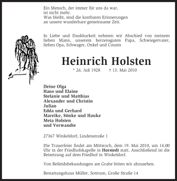 Traueranzeige von Heinrich Holsten von KREISZEITUNG SYKE