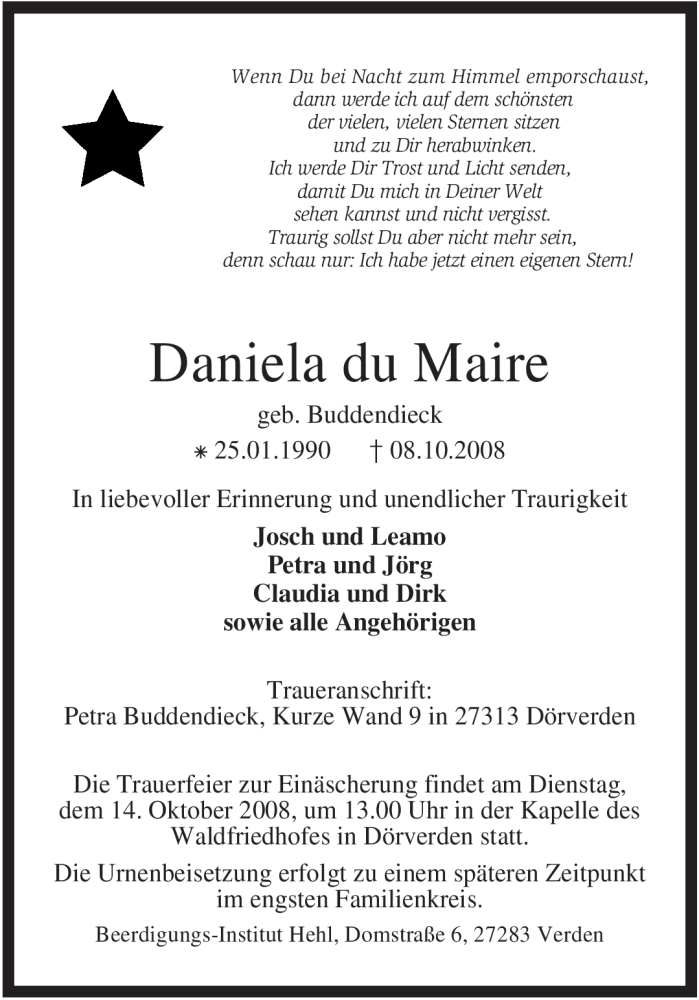  Traueranzeige für Daniela du Maire vom 11.10.2008 aus KREISZEITUNG SYKE