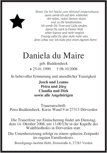 Traueranzeige von Daniela du Maire von KREISZEITUNG SYKE