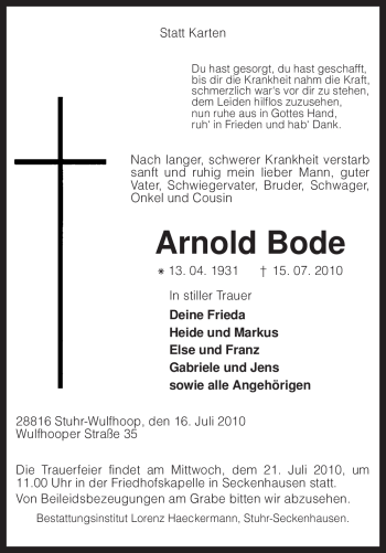 Traueranzeige von Arnold Bode von KREISZEITUNG SYKE