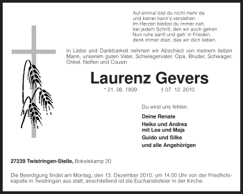 Traueranzeige von Laurenz Gevers von KREISZEITUNG SYKE