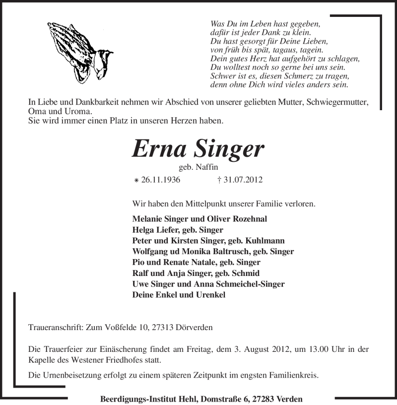  Traueranzeige für Erna Singer vom 01.08.2012 aus KREISZEITUNG SYKE