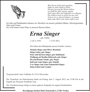 Traueranzeige von Erna Singer von KREISZEITUNG SYKE