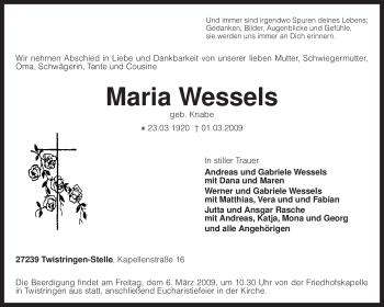 Traueranzeige von Maria Wessels von KREISZEITUNG SYKE